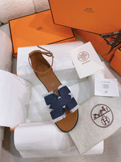 HM 26S SANTORINI SANDAL IN NAVY BLUE CALFSKIN AND FABRIC