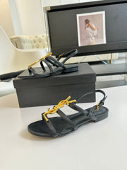 SL CASSANDRA TRIPLE SANDAL FLAT BLACK CALFSKIN