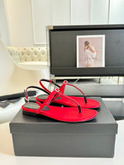 SL Silk Bow T-Strap Flat Sandals Red Leather