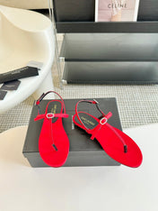 SL Silk Bow T-Strap Flat Sandals Red Leather