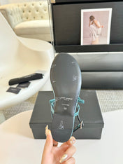 SL Silk Bow T-Strap Flat Sandals Cloud Blue Leather