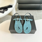 SL Silk Bow T-Strap Flat Sandals Cloud Blue Leather