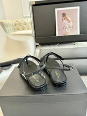 SL Silk Bow T-Strap Flat Sandals Black Leather