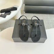 SL Silk Bow T-Strap Flat Sandals Black Leather