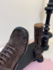 MIUMIU 25S ARMY BOOTS IN DARK BROWN SUEDE