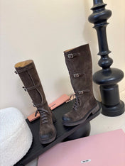 MIUMIU 25S ARMY BOOTS IN DARK BROWN SUEDE