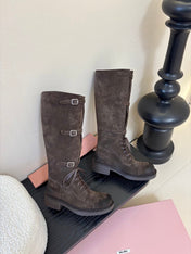 MIUMIU 25S ARMY BOOTS IN DARK BROWN SUEDE