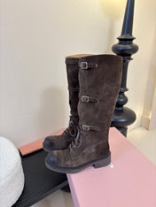 MIUMIU 25S ARMY BOOTS IN DARK BROWN SUEDE
