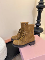 MIUMIU 25S LACED BOOTIES IN CINNAMON BROWN SUEDE