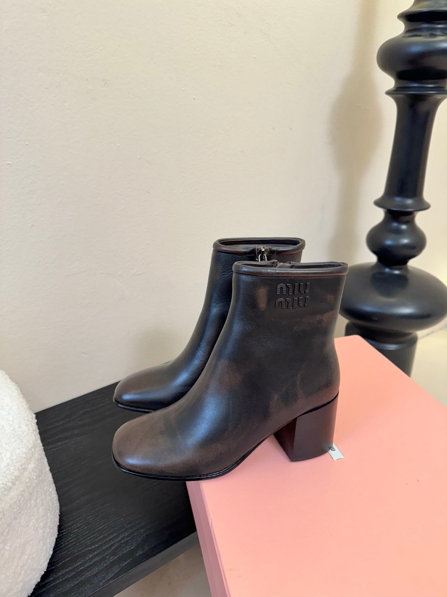 MIUMIU 25S ANKLE BOOTS 65MM IN BLACK BROWN CALFSKIN