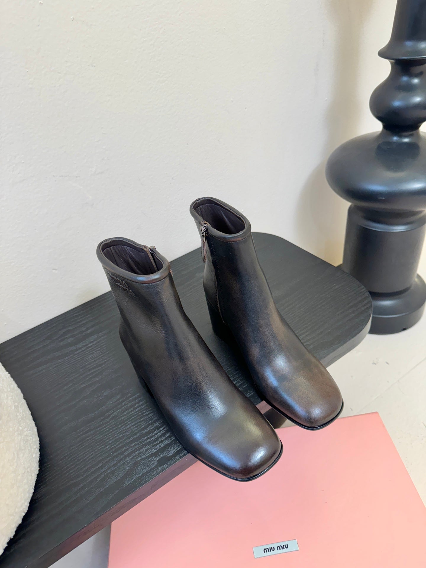MIUMIU 25S ANKLE BOOTS 65MM IN BLACK BROWN CALFSKIN