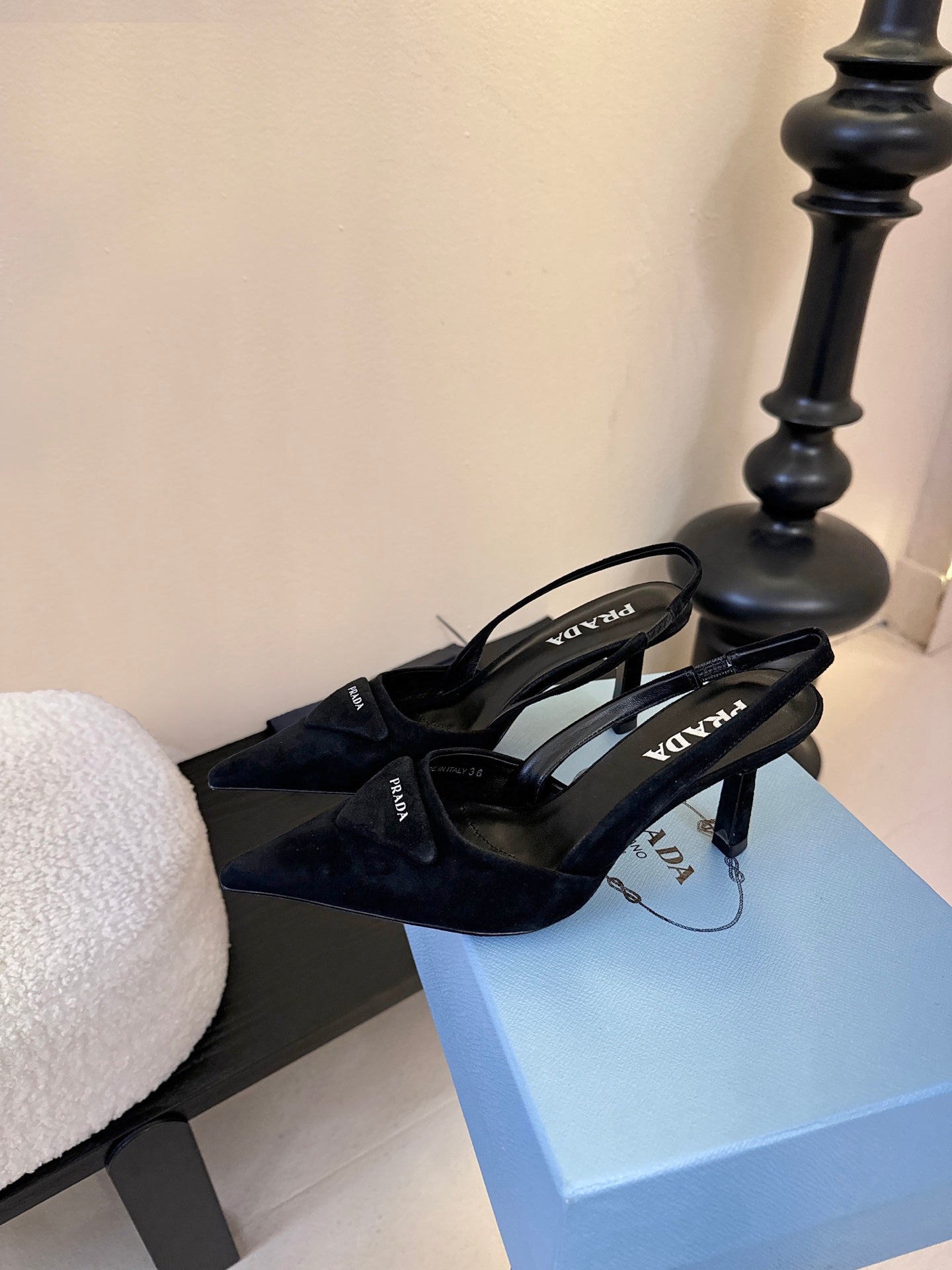 PRADA 26S POINTED TOE SLINGBACK HEELS 60MM IN BLACK SUDE WITH LOGO