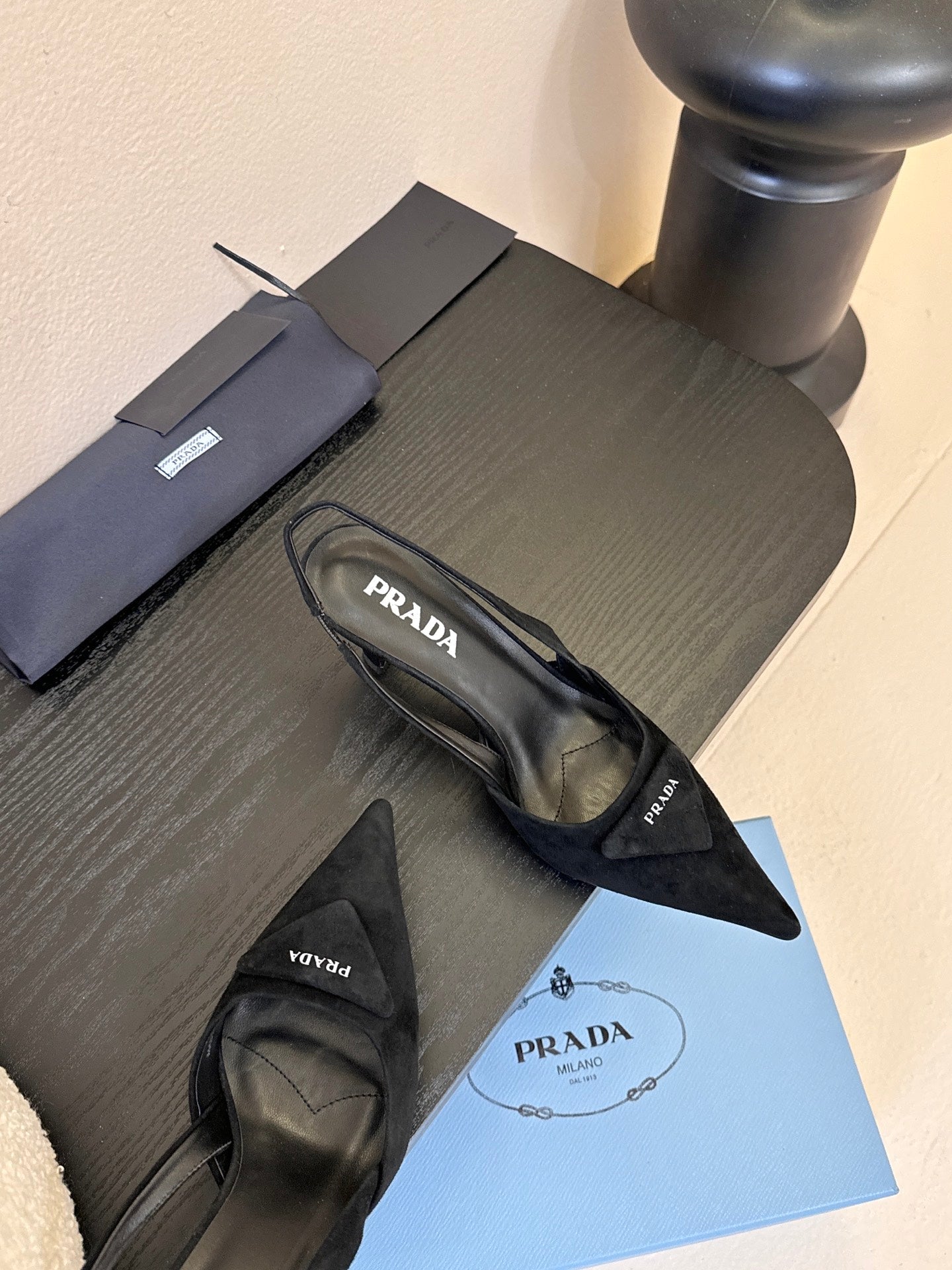 PRADA 26S POINTED TOE SLINGBACK HEELS 60MM IN BLACK SUDE WITH LOGO