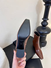 YSL 26S HEELED ANKLE BOOTS IN BROWN SHINY CALFSKIN