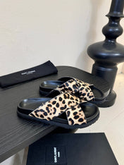 YSL 26S CROSS-STRAP SANDALS IN LEOPARD PRINT CALFSKIN HAIR