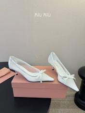 MIUMIU 26S HIGH-HEEL IN WHITE MESH AND LAMBSKIN WITH BOW