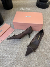 MIUMIU 26S HIGH-HEEL IN DARK BROWN MESH AND LAMBSKIN WITH BOW