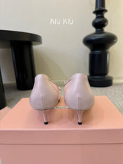 MIUMIU 26S HIGH-HEEL IN LIGHT PINK MESH AND LAMBSKIN WITH BOW