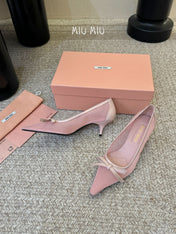 MIUMIU 26S HIGH-HEEL IN LIGHT PINK MESH AND LAMBSKIN WITH BOW