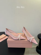 MIUMIU 26S HIGH-HEEL IN LIGHT PINK MESH AND LAMBSKIN WITH BOW