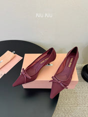 MIUMIU 26S HIGH-HEEL IN DARK RED MESH AND LAMBSKIN WITH BOW