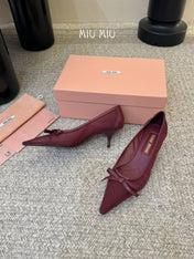 MIUMIU 26S HIGH-HEEL IN DARK RED MESH AND LAMBSKIN WITH BOW
