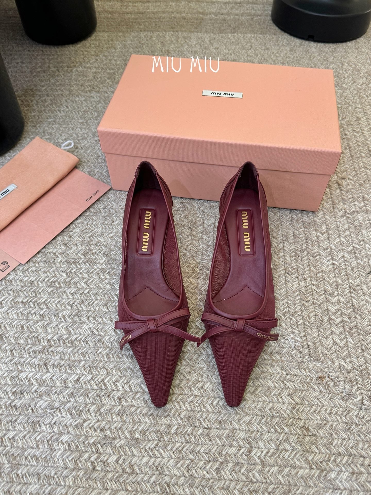 MIUMIU 26S HIGH-HEEL IN DARK RED MESH AND LAMBSKIN WITH BOW