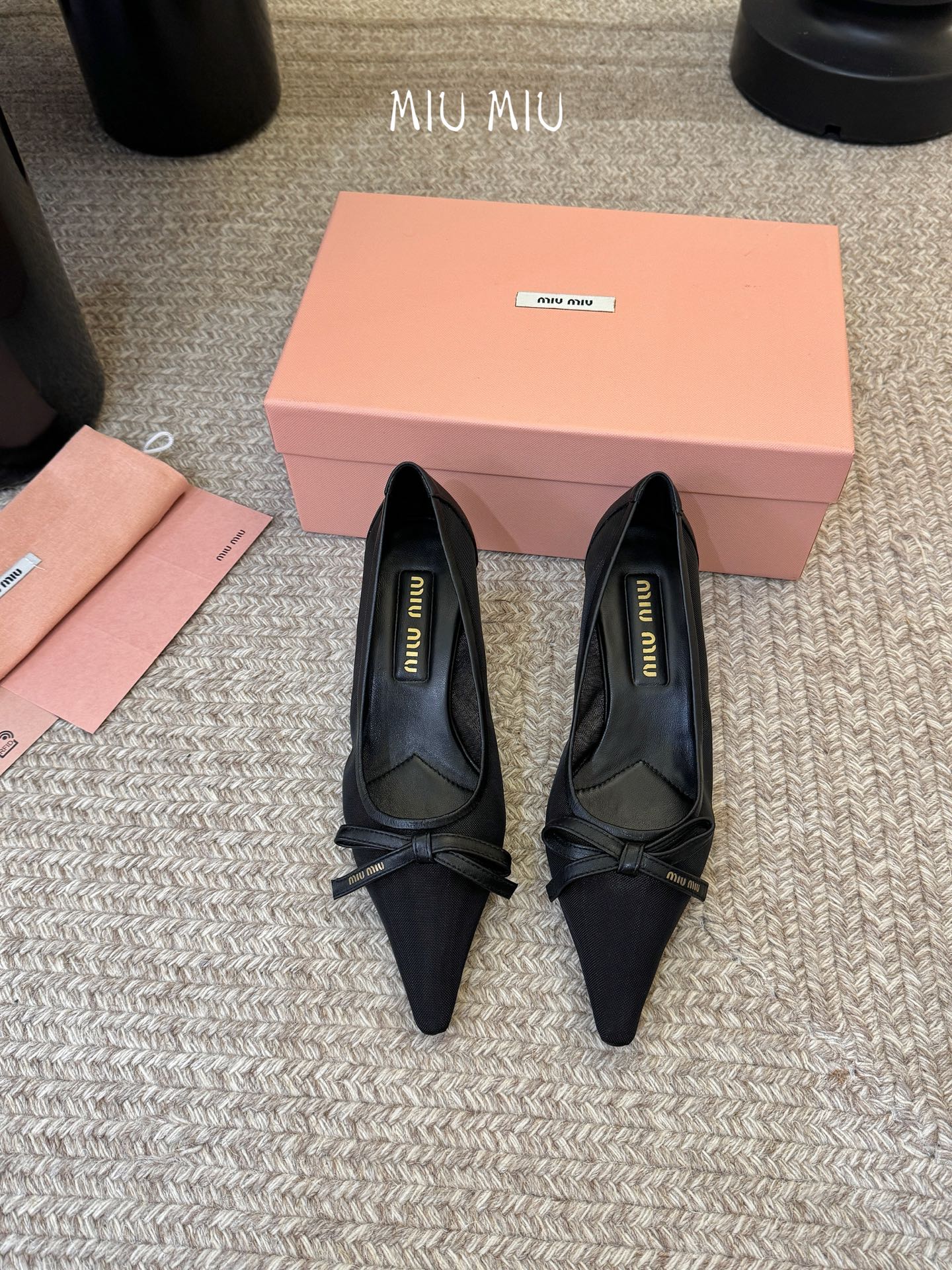 MIUMIU 26S HIGH-HEEL IN BLACK MESH AND LAMBSKIN WITH BOW