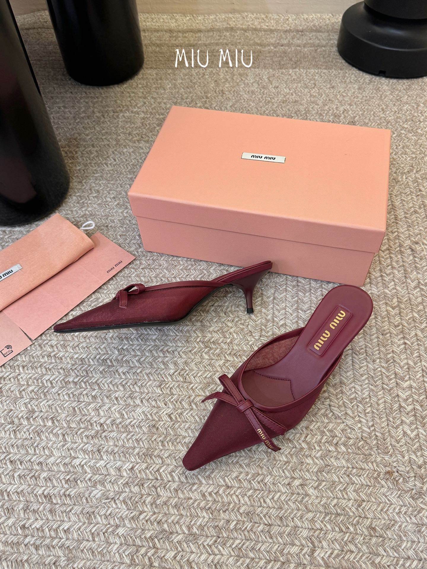 MIUMIU 26S HEEL MULES IN DARK RED MESH AND LAMBSKIN