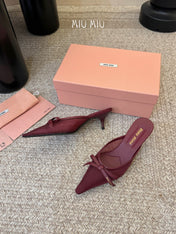 MIUMIU 26S HEEL MULES IN DARK RED MESH AND LAMBSKIN