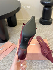 MIUMIU 26S HEEL MULES IN DARK RED MESH AND LAMBSKIN
