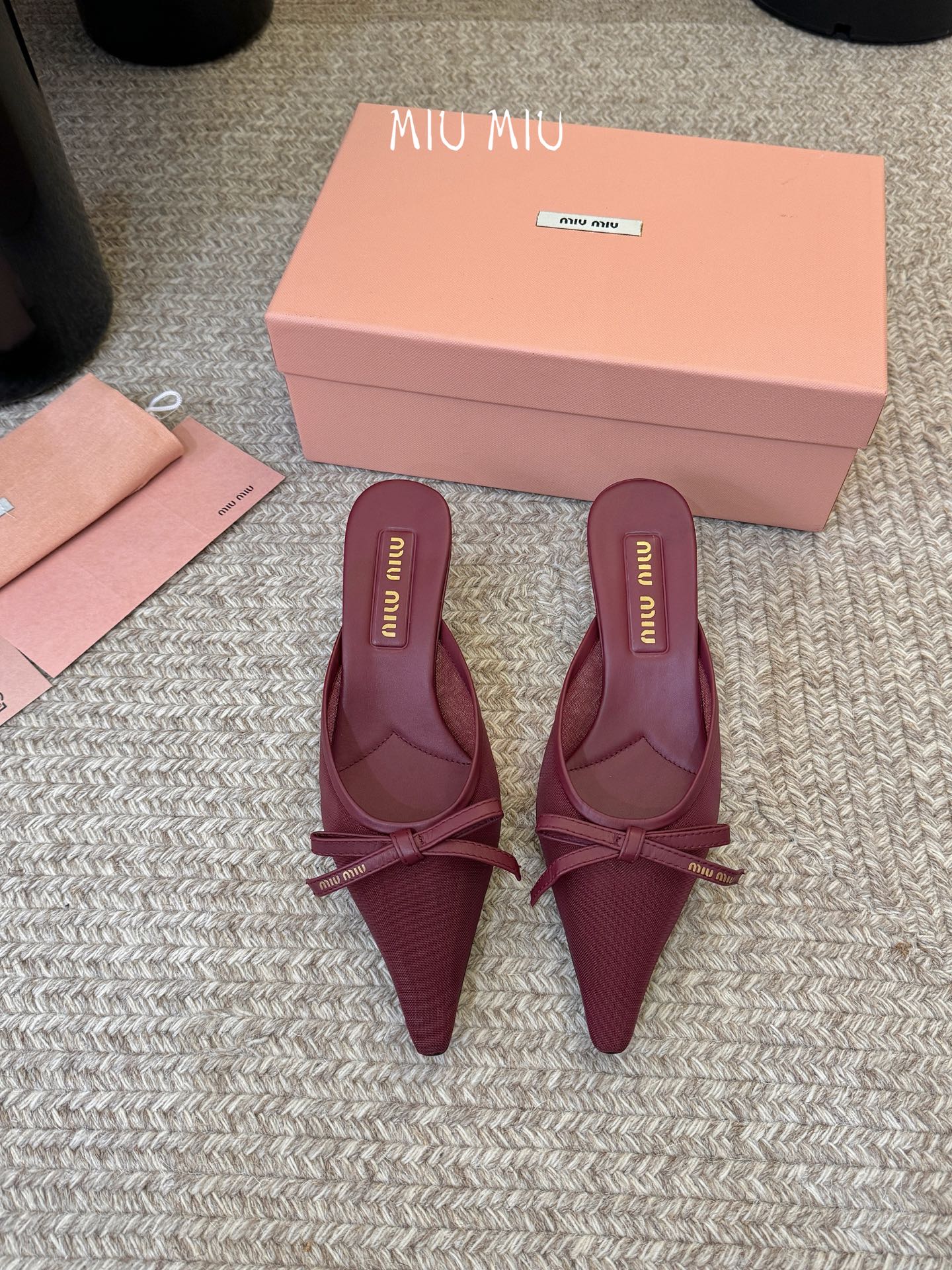 MIUMIU 26S HEEL MULES IN DARK RED MESH AND LAMBSKIN