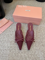 MIUMIU 26S HEEL MULES IN DARK RED MESH AND LAMBSKIN