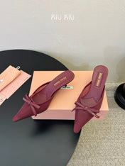 MIUMIU 26S HEEL MULES IN DARK RED MESH AND LAMBSKIN
