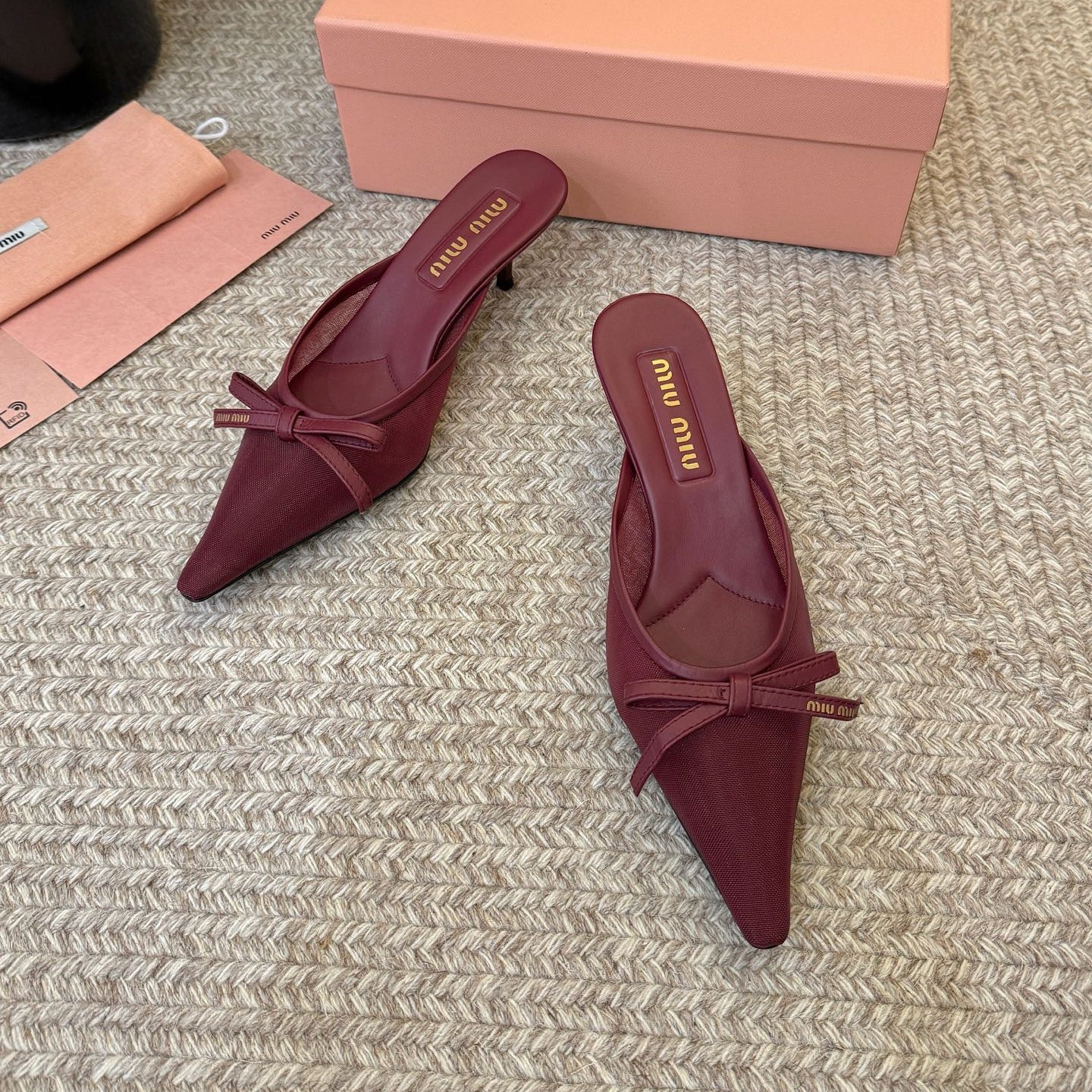 MIUMIU 26S HEEL MULES IN DARK RED MESH AND LAMBSKIN