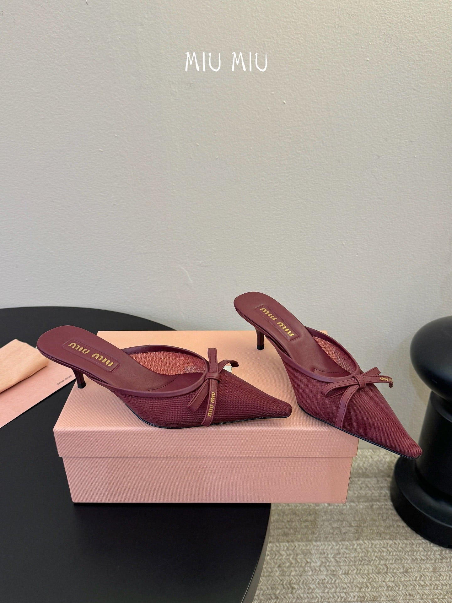 MIUMIU 26S HEEL MULES IN DARK RED MESH AND LAMBSKIN