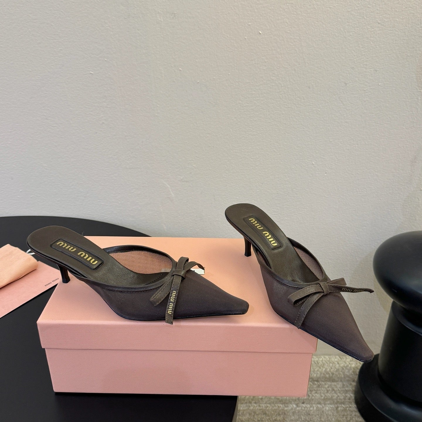 MIUMIU 26S HEEL MULES IN CHOCOLATE BROWN MESH AND LAMBSKIN