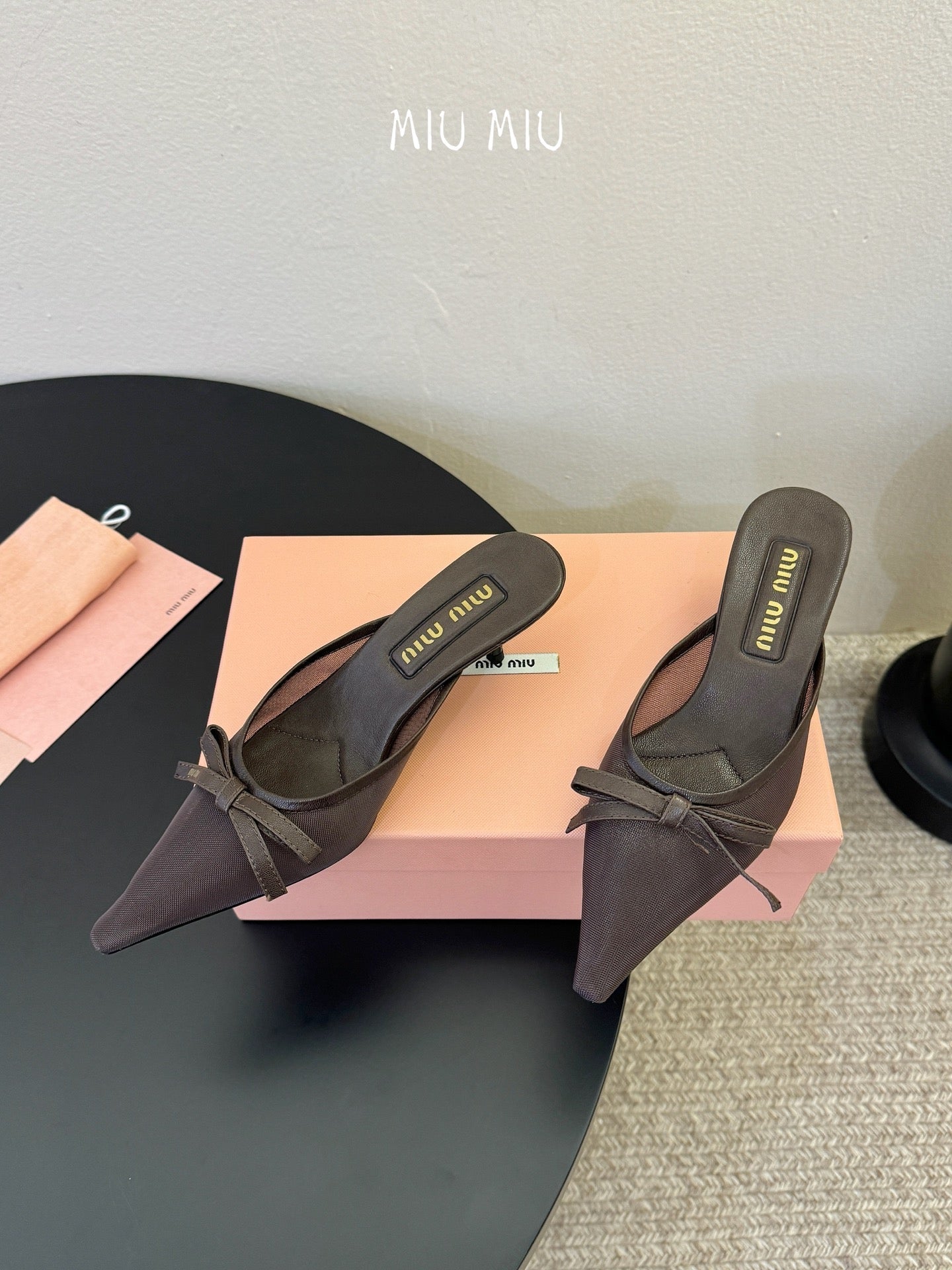 MIUMIU 26S HEEL MULES IN CHOCOLATE BROWN MESH AND LAMBSKIN
