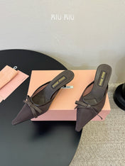 MIUMIU 26S HEEL MULES IN CHOCOLATE BROWN MESH AND LAMBSKIN