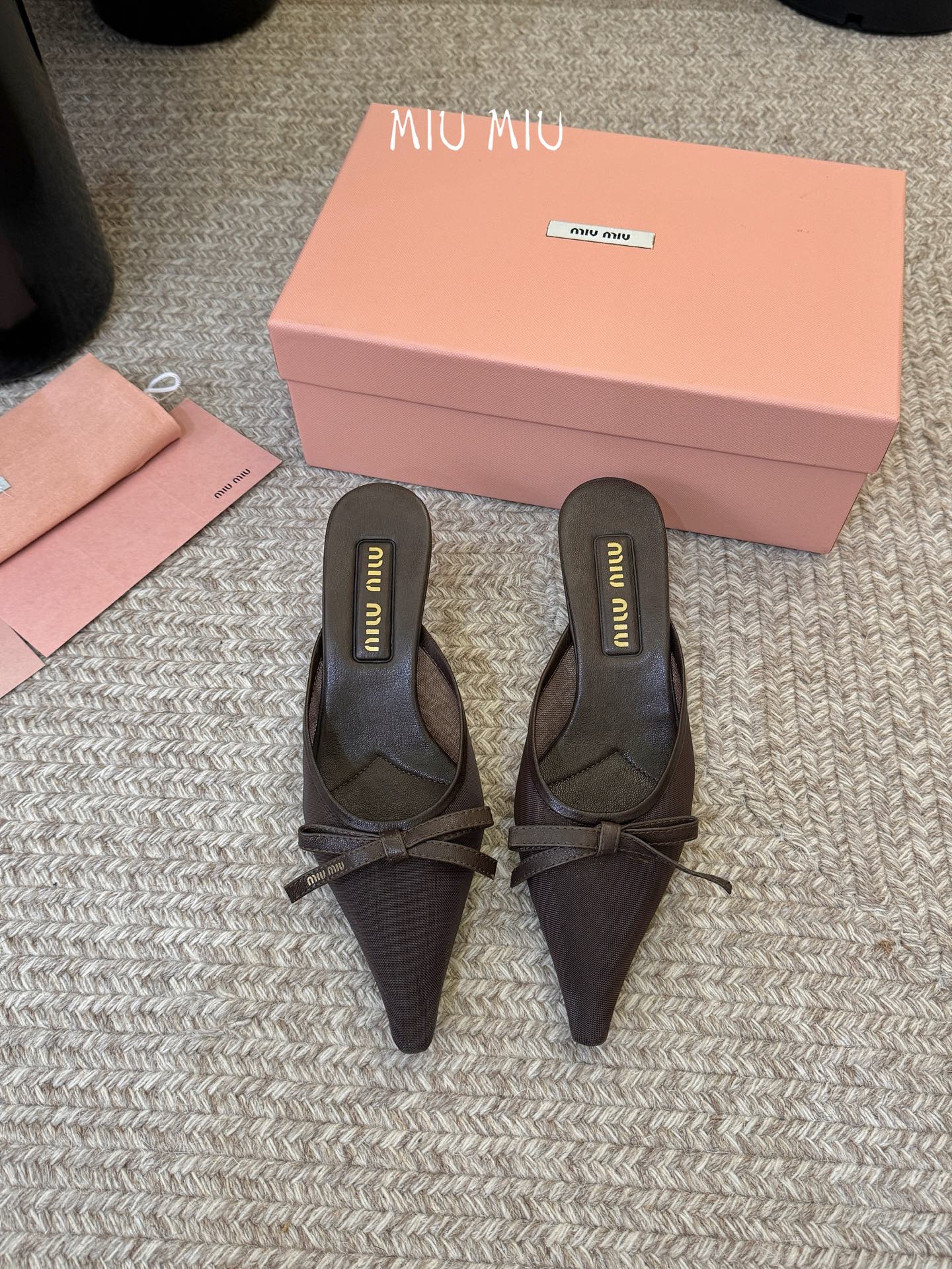 MIUMIU 26S HEEL MULES IN CHOCOLATE BROWN MESH AND LAMBSKIN