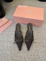 MIUMIU 26S HEEL MULES IN CHOCOLATE BROWN MESH AND LAMBSKIN