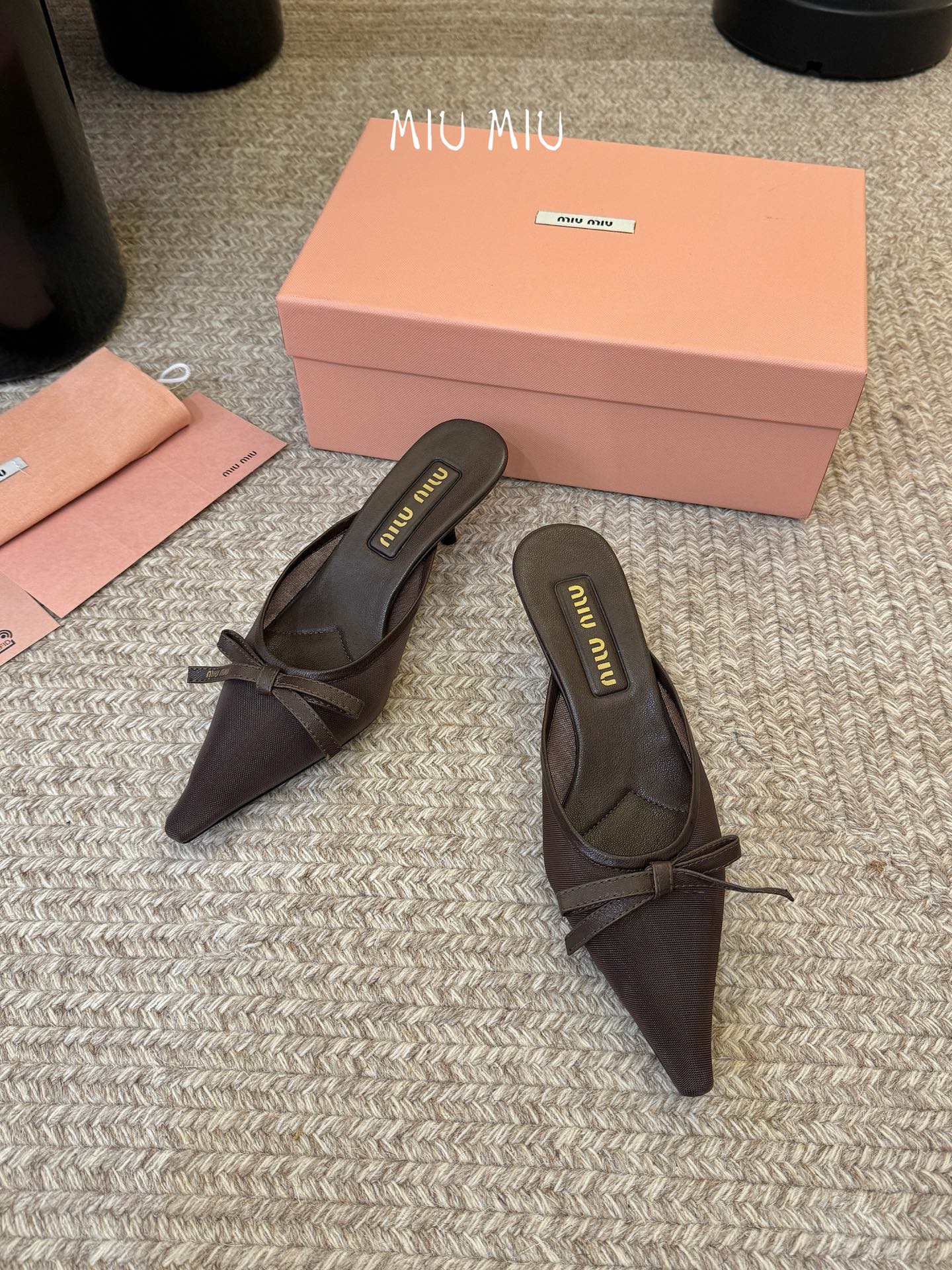 MIUMIU 26S HEEL MULES IN CHOCOLATE BROWN MESH AND LAMBSKIN