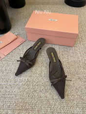 MIUMIU 26S HEEL MULES IN CHOCOLATE BROWN MESH AND LAMBSKIN