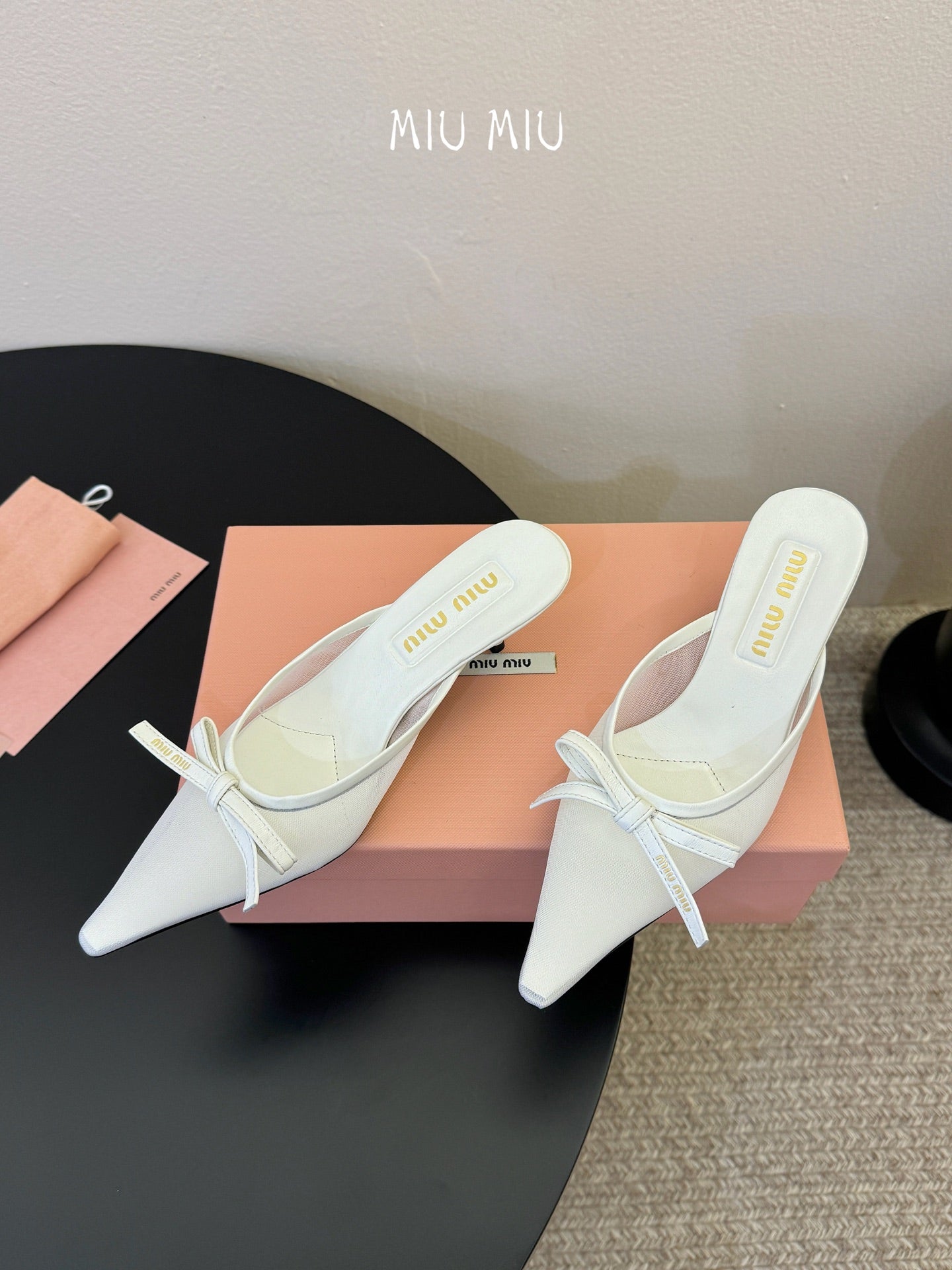 MIUMIU 26S HEEL MULES IN WHITE MESH AND LAMBSKIN