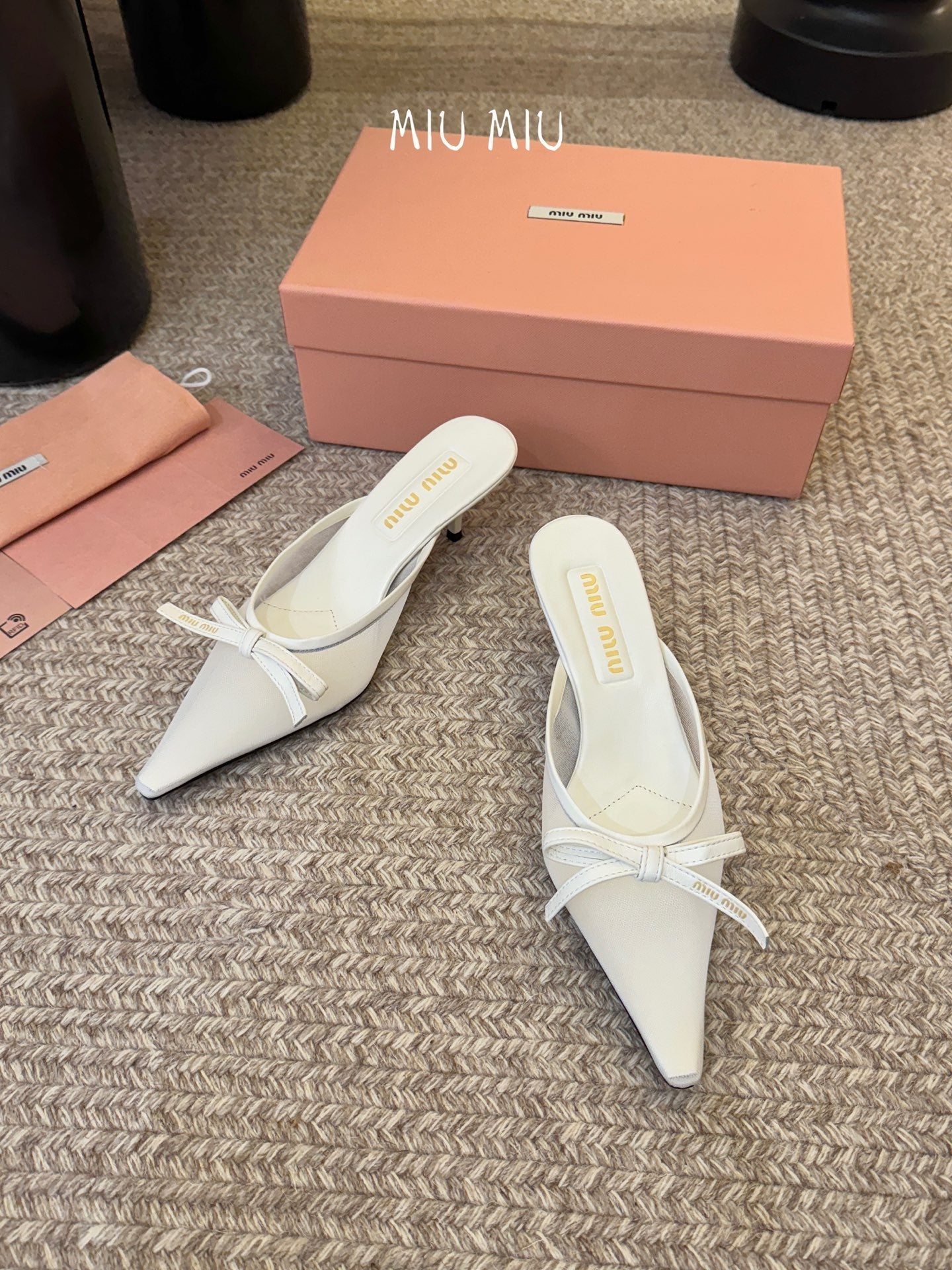 MIUMIU 26S HEEL MULES IN WHITE MESH AND LAMBSKIN