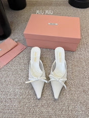 MIUMIU 26S HEEL MULES IN WHITE MESH AND LAMBSKIN