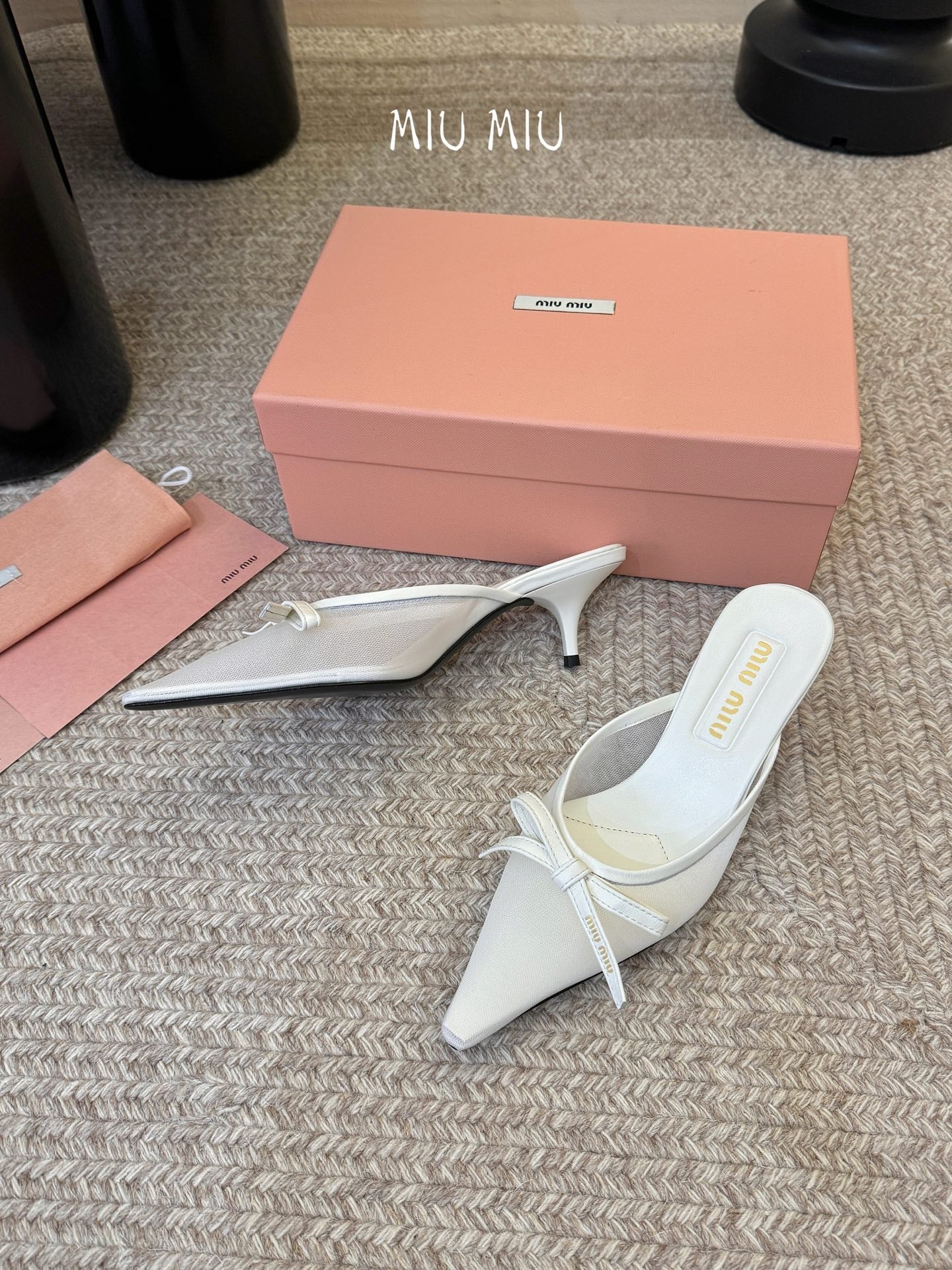 MIUMIU 26S HEEL MULES IN WHITE MESH AND LAMBSKIN