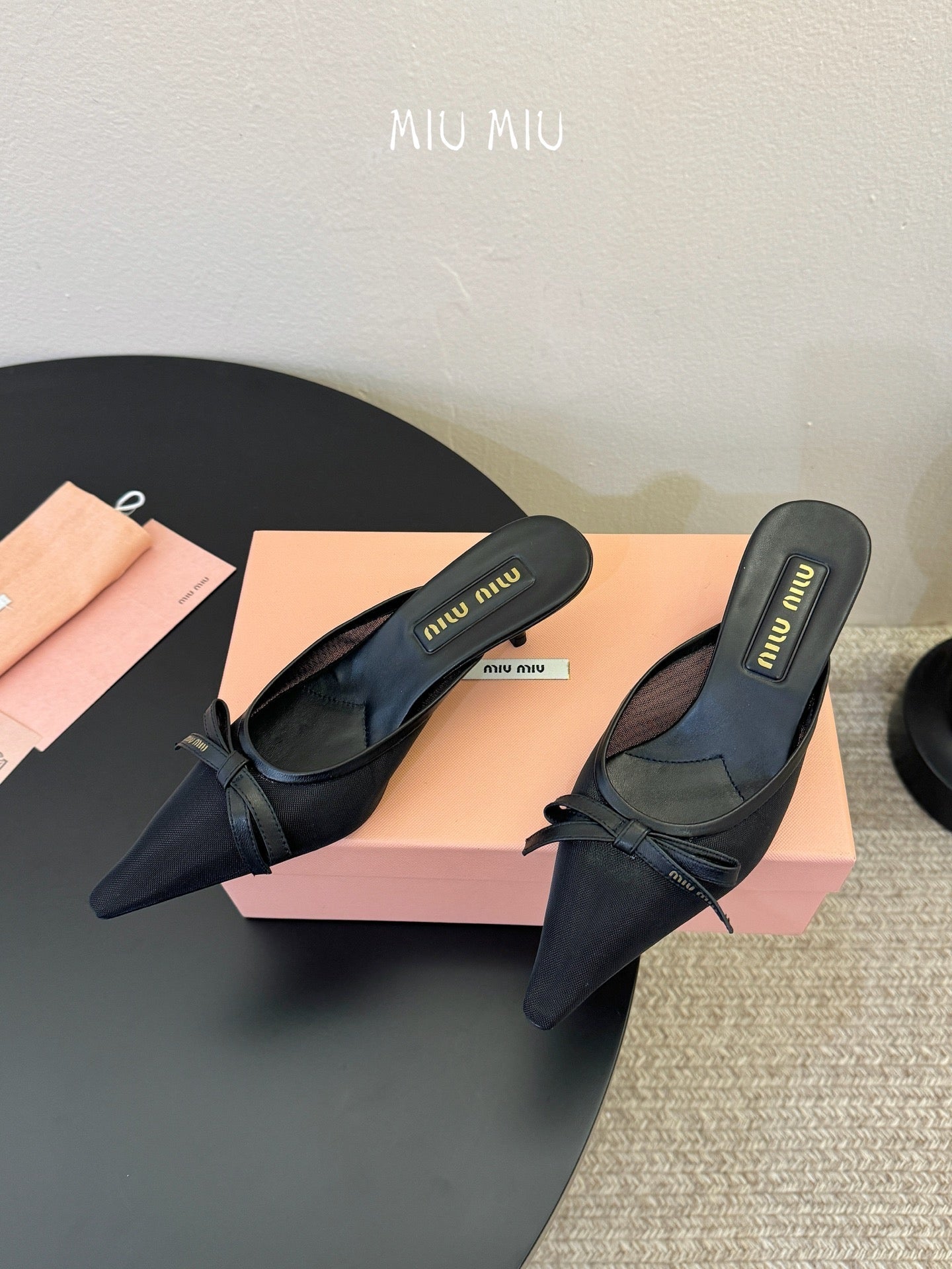 MIUMIU 26S HEEL MULES IN BLACK MESH AND LAMBSKIN