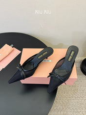 MIUMIU 26S HEEL MULES IN BLACK MESH AND LAMBSKIN