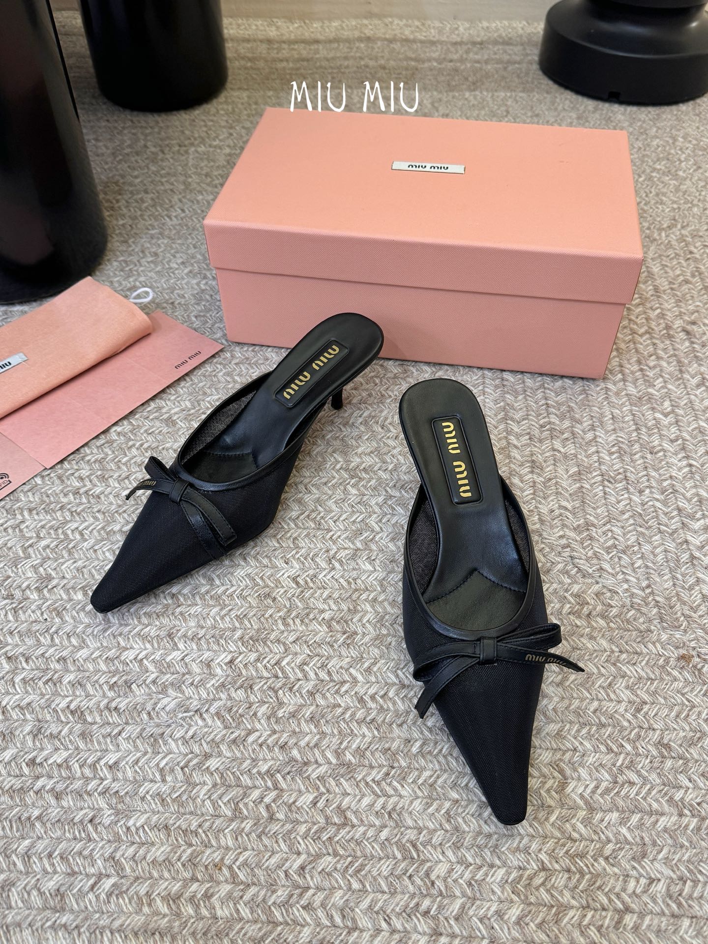 MIUMIU 26S HEEL MULES IN BLACK MESH AND LAMBSKIN